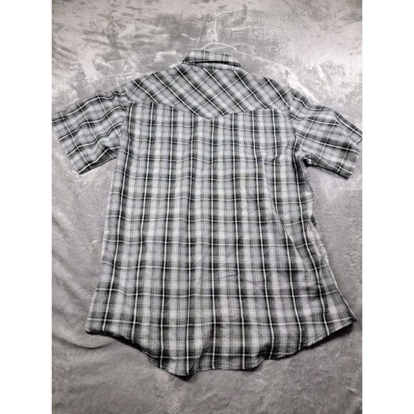 Wrangler Western Pearl Snap Large Short‎ Sleeve Shirt Gray Black Plaid Pockets - Picture 7 of 7